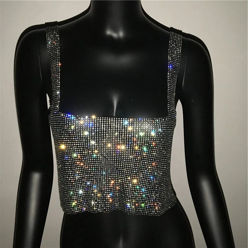 Women Sexy Metal Crystal Diamonds Sequined Night Club Party Wear Crop Top