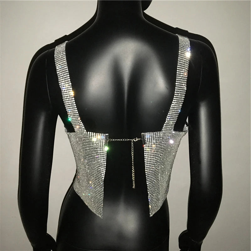 Women Sexy Metal Crystal Diamonds Sequined Night Club Party Wear Crop Top