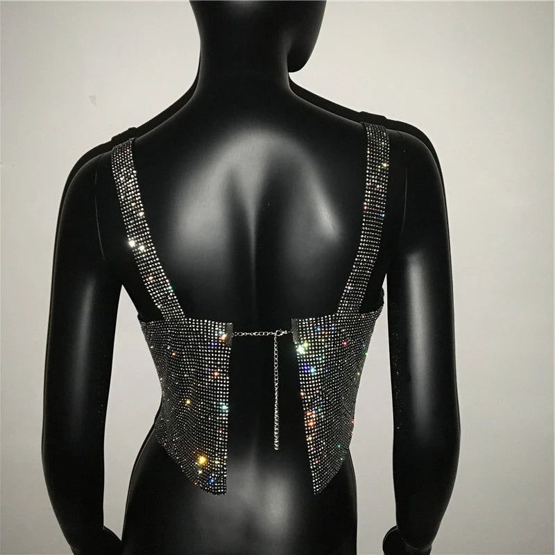 Women Sexy Metal Crystal Diamonds Sequined Night Club Party Wear Crop Top