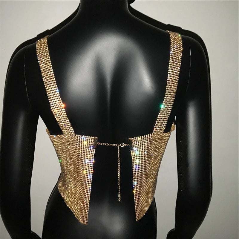 Women Sexy Metal Crystal Diamonds Sequined Night Club Party Wear Crop Top