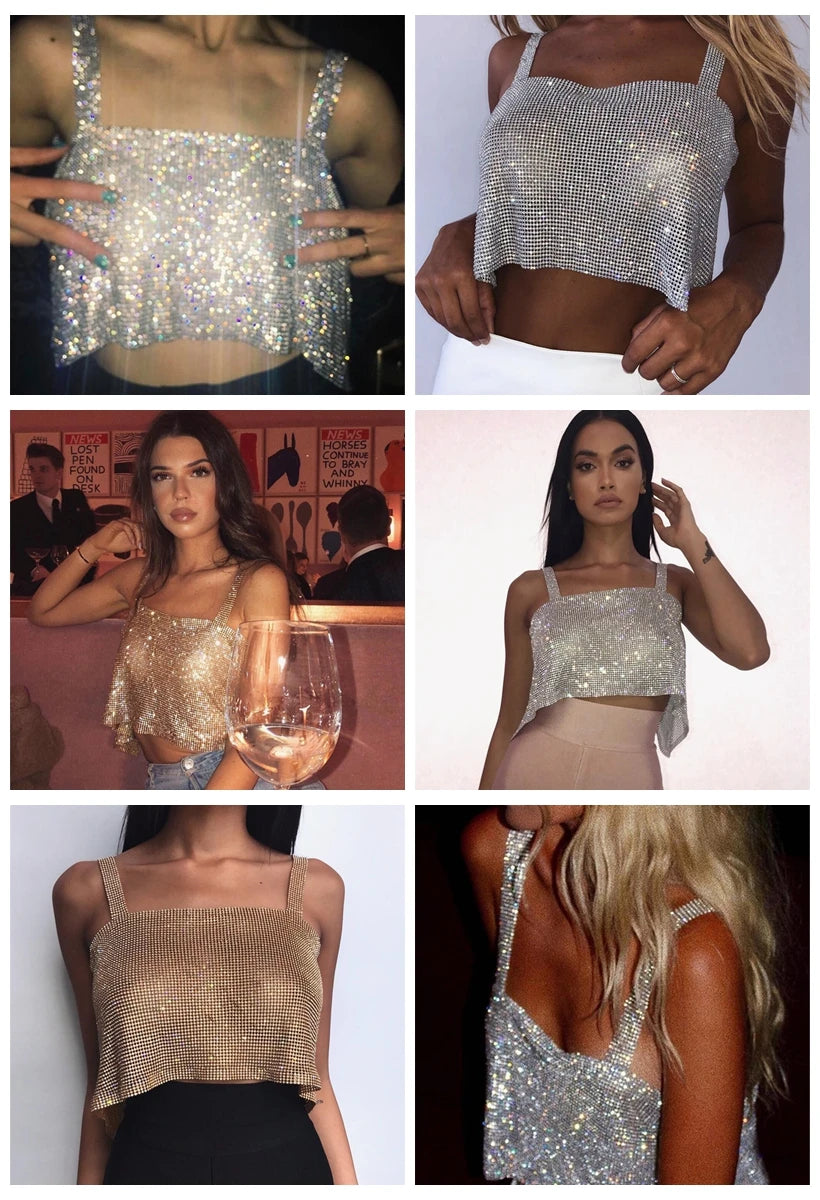 Women Sexy Metal Crystal Diamonds Sequined Night Club Party Wear Crop Top