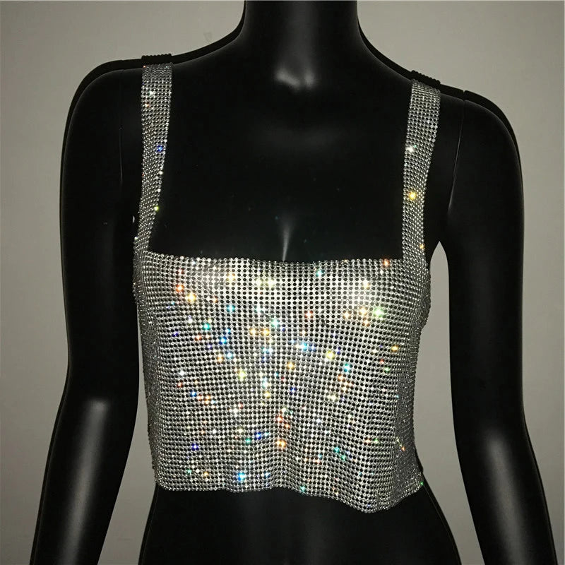 Women Sexy Metal Crystal Diamonds Sequined Night Club Party Wear Crop Top