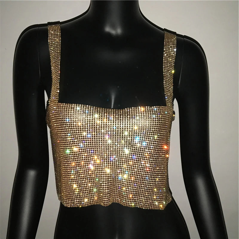 Women Sexy Metal Crystal Diamonds Sequined Night Club Party Wear Crop Top