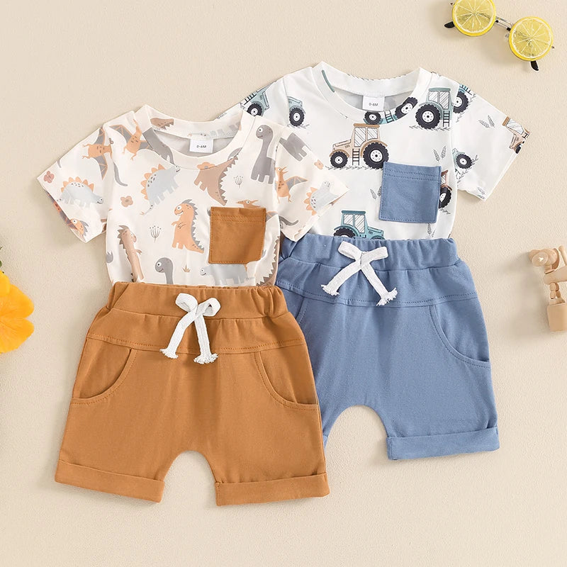 Baby Boy Summer Dinosaur/Car Print Clothes Set