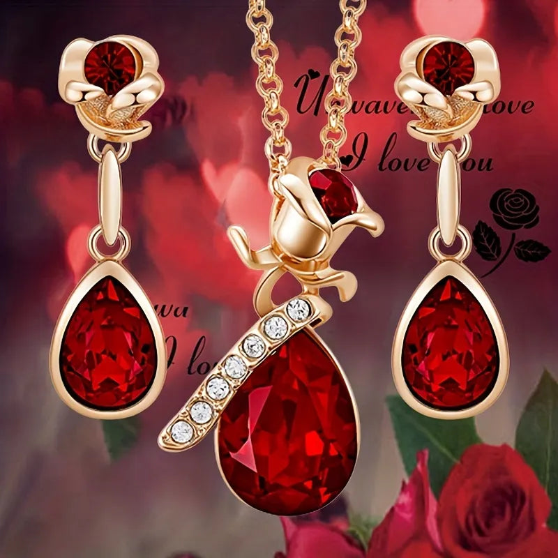 Ruby Rose Flower and Droplet Shape Jewelry Set