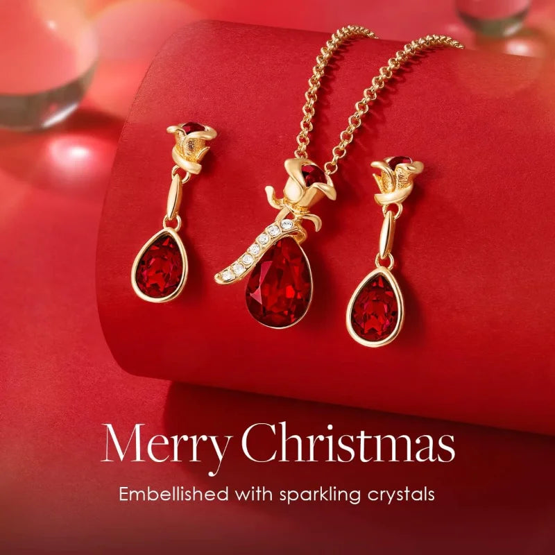 Ruby Rose Flower and Droplet Shape Jewelry Set