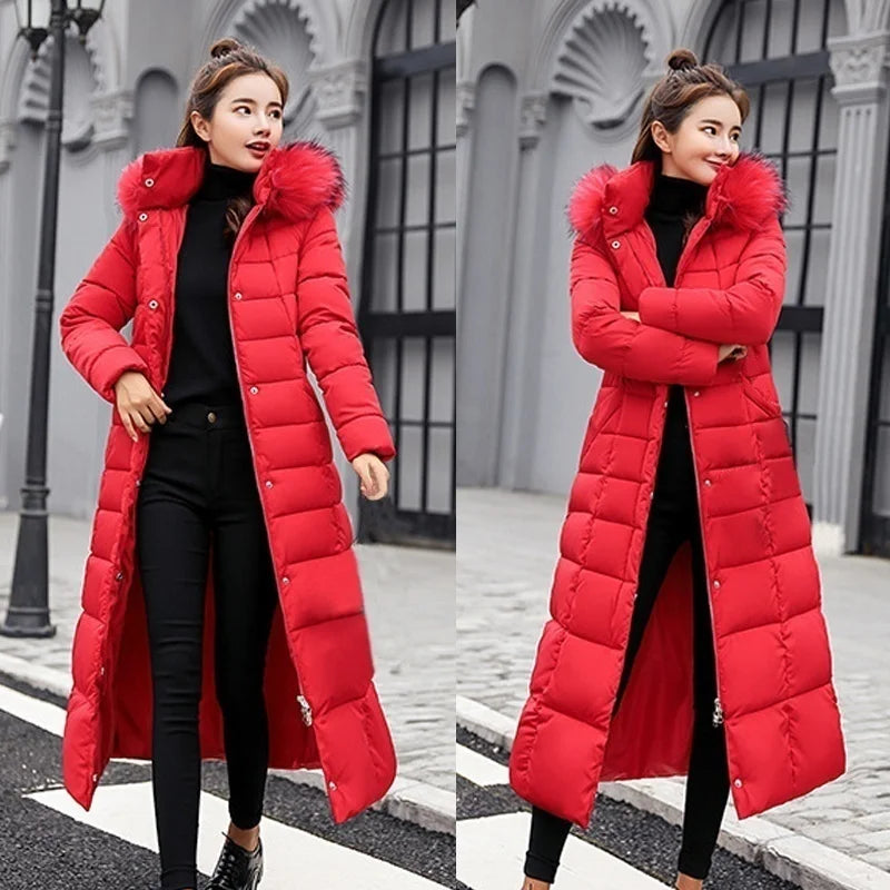 Women's warm fashion bow belt fox fur collar coat long dress women's thick coat