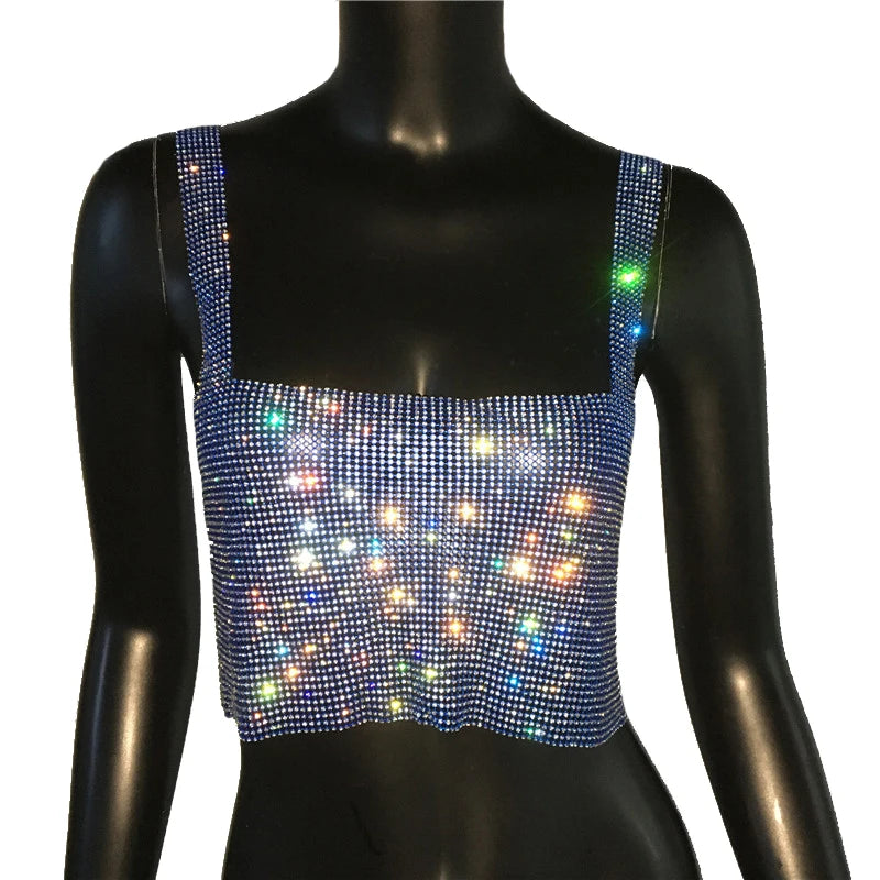 Women Sexy Metal Crystal Diamonds Sequined Night Club Party Wear Crop Top