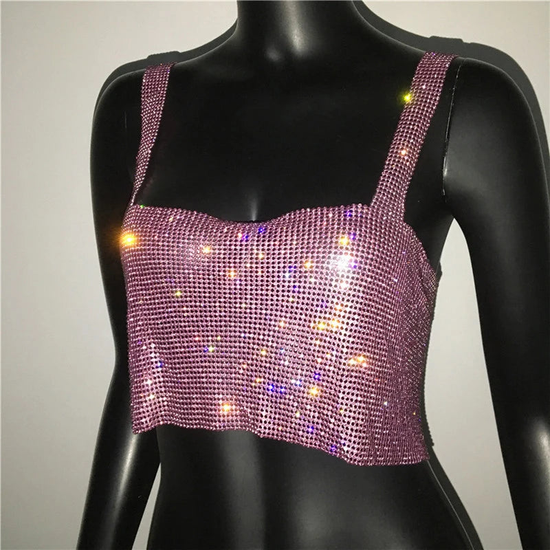 Women Sexy Metal Crystal Diamonds Sequined Night Club Party Wear Crop Top