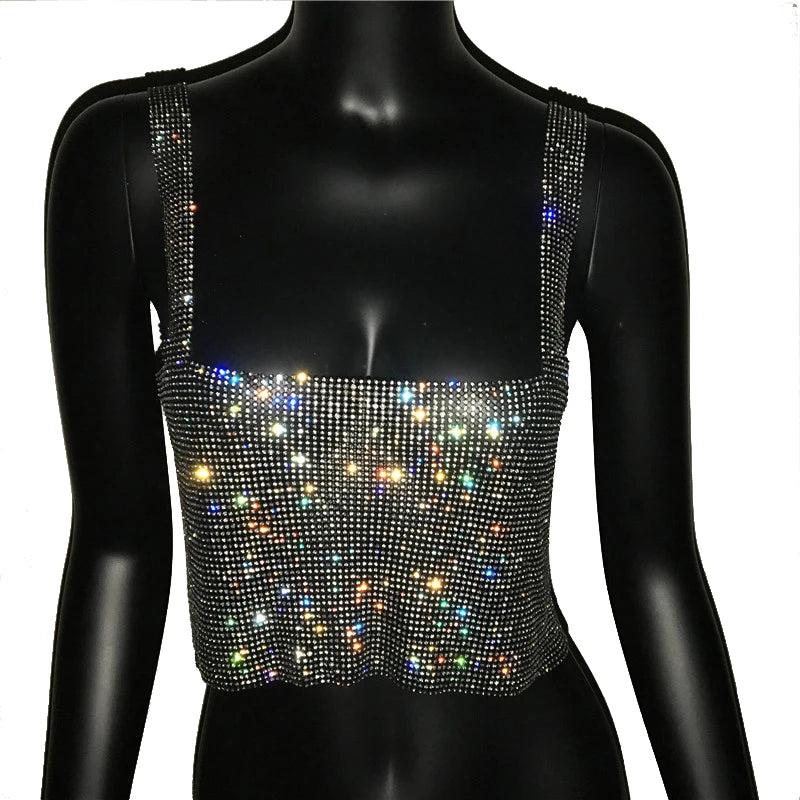 Women Sexy Metal Crystal Diamonds Sequined Night Club Party Wear Crop Top