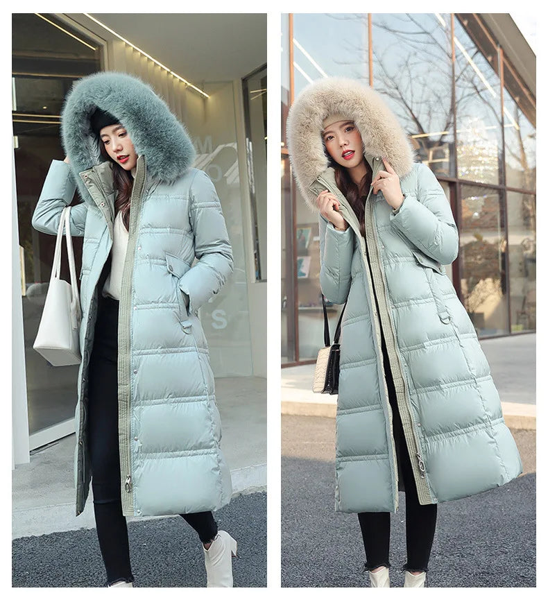 Womens Jacket Winter Women's Long Style Over Knee Big Wool Collar Cotton Jacket