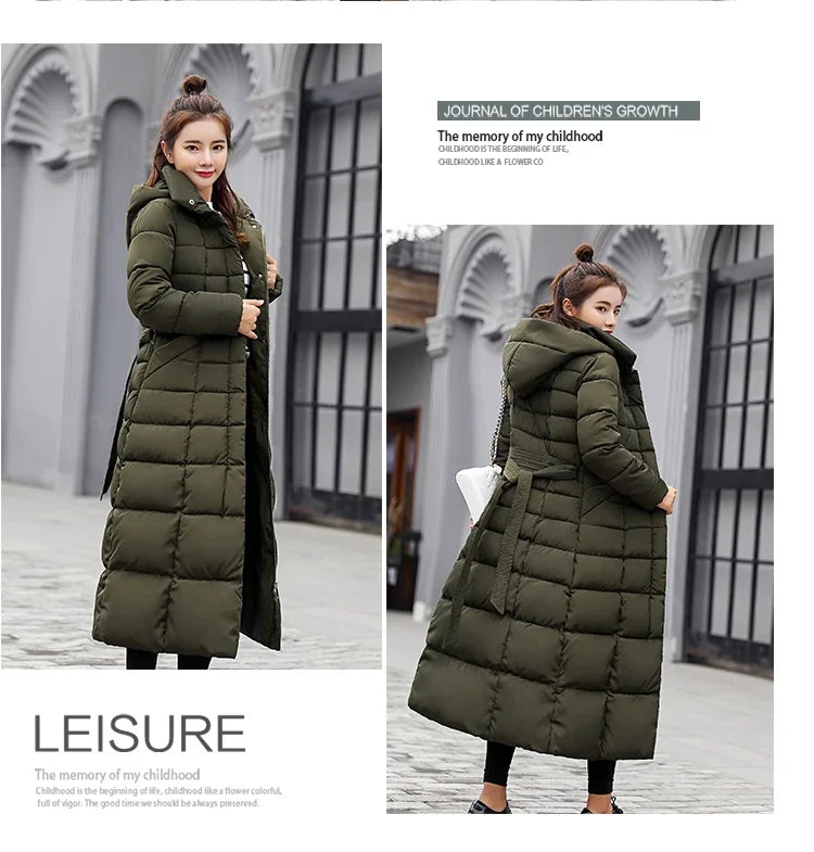 Women's warm fashion bow belt fox fur collar coat long dress women's thick coat