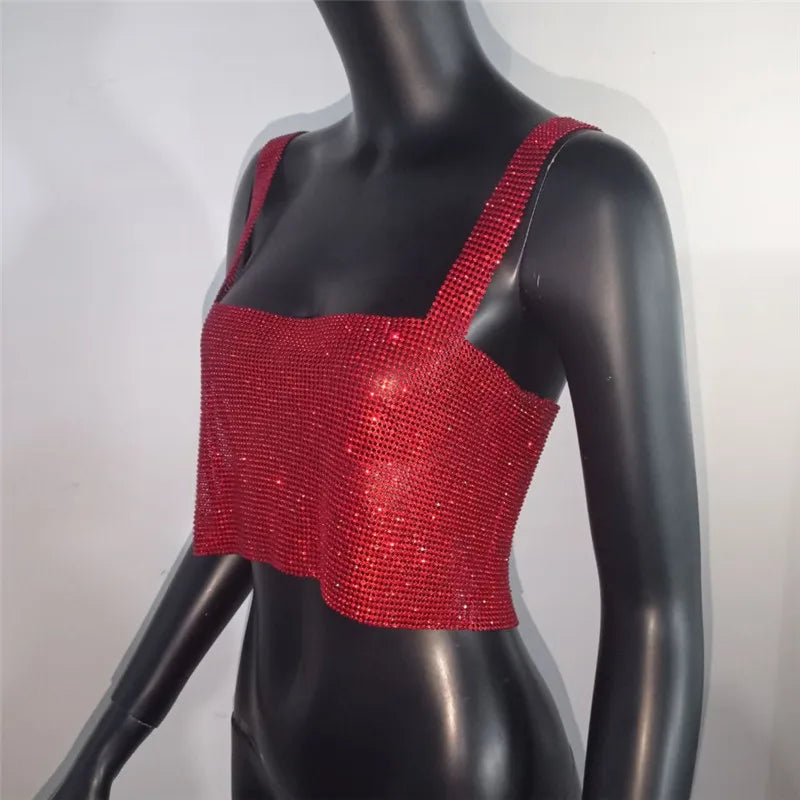 Women Sexy Metal Crystal Diamonds Sequined Night Club Party Wear Crop Top