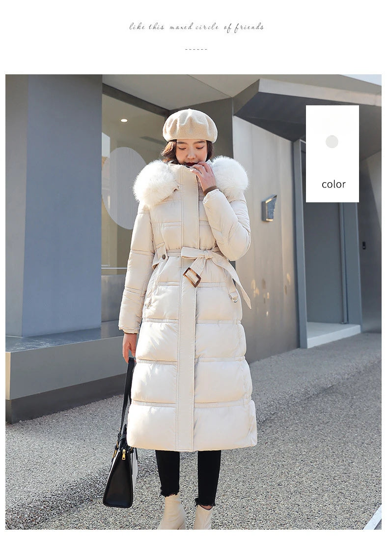 Womens Jacket Winter Women's Long Style Over Knee Big Wool Collar Cotton Jacket
