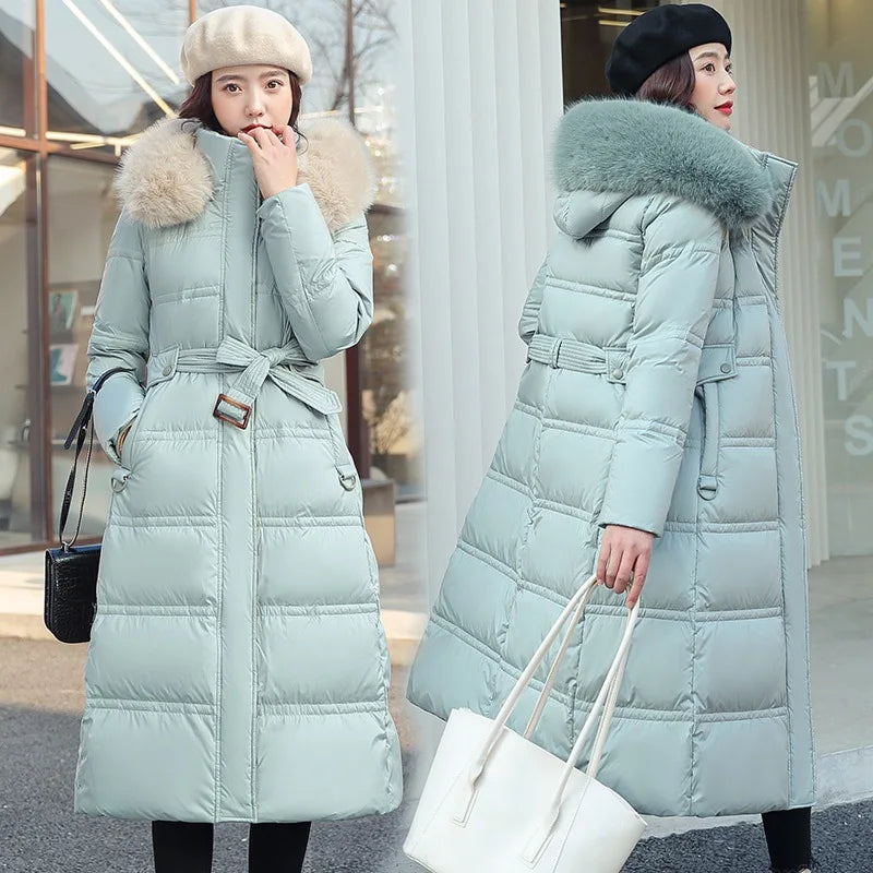 Womens Jacket Winter Women's Long Style Over Knee Big Wool Collar Cotton Jacket