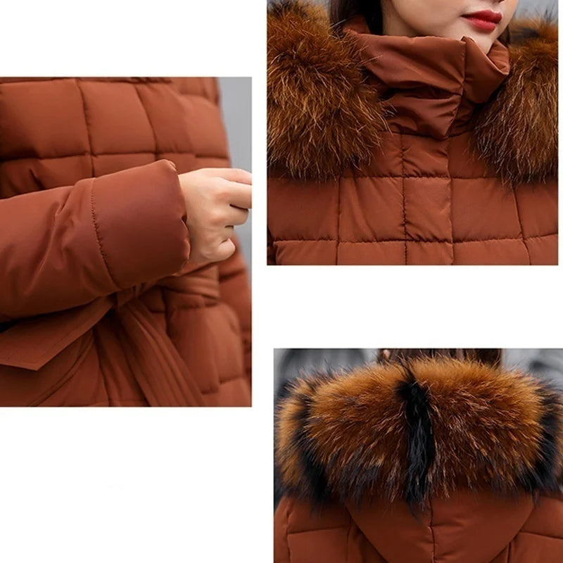 Women's warm fashion bow belt fox fur collar coat long dress women's thick coat