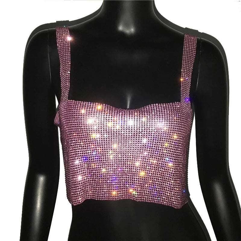Women Sexy Metal Crystal Diamonds Sequined Night Club Party Wear Crop Top
