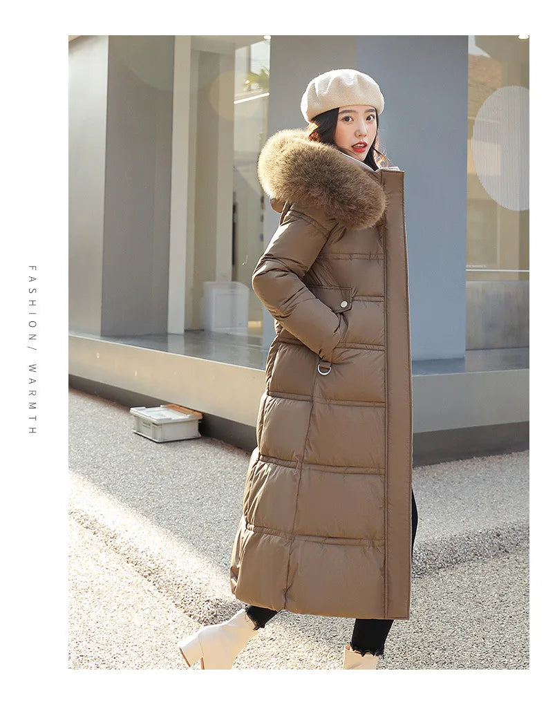 Womens Jacket Winter Women's Long Style Over Knee Big Wool Collar Cotton Jacket