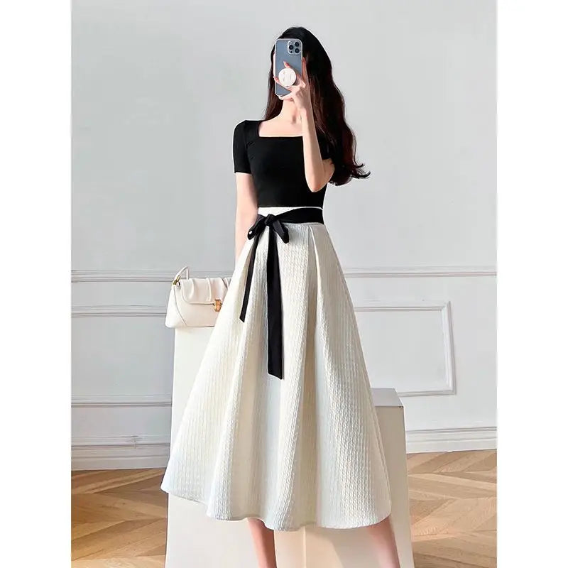 Womens T-shirt Dress Suit High Waist Elegant Fashion Pleated Skirts