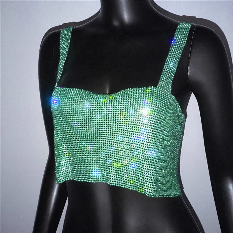Women Sexy Metal Crystal Diamonds Sequined Night Club Party Wear Crop Top
