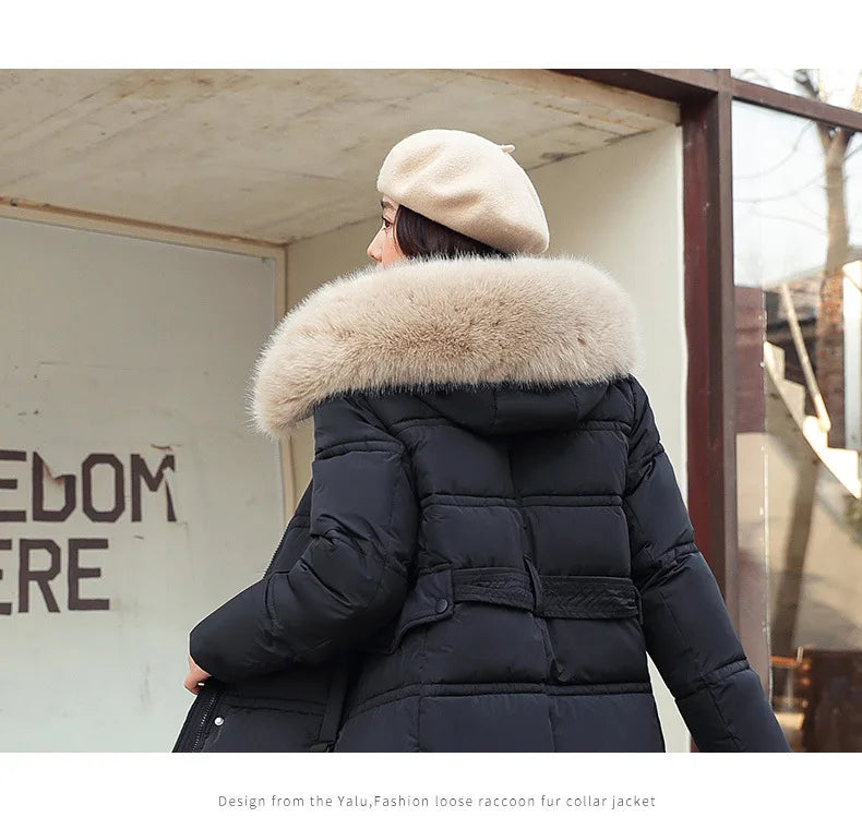Womens Jacket Winter Women's Long Style Over Knee Big Wool Collar Cotton Jacket