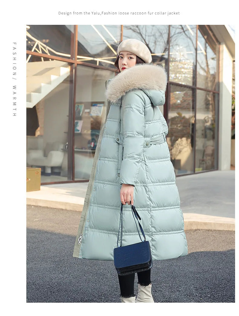 Womens Jacket Winter Women's Long Style Over Knee Big Wool Collar Cotton Jacket