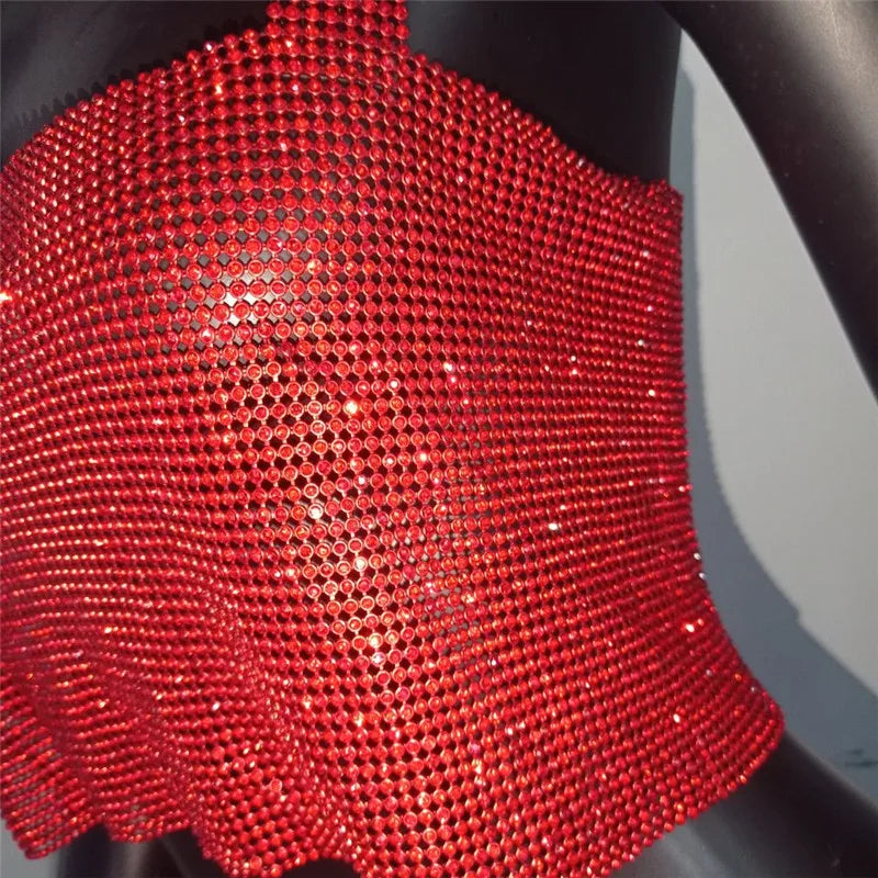 Women Sexy Metal Crystal Diamonds Sequined Night Club Party Wear Crop Top