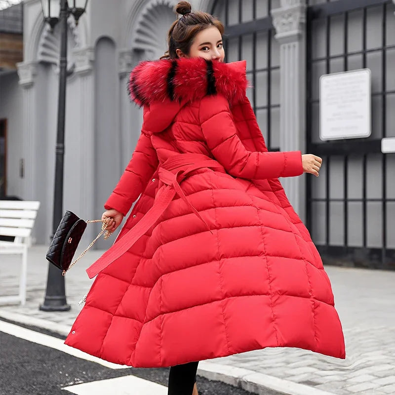 Women's warm fashion bow belt fox fur collar coat long dress women's thick coat