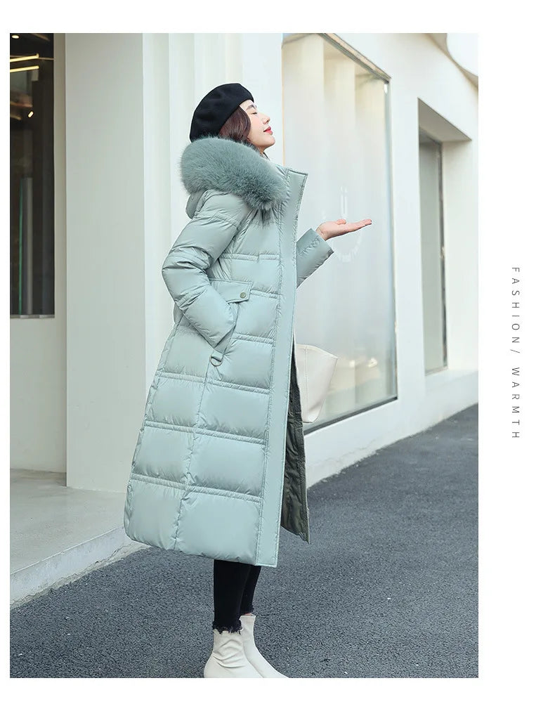 Womens Jacket Winter Women's Long Style Over Knee Big Wool Collar Cotton Jacket