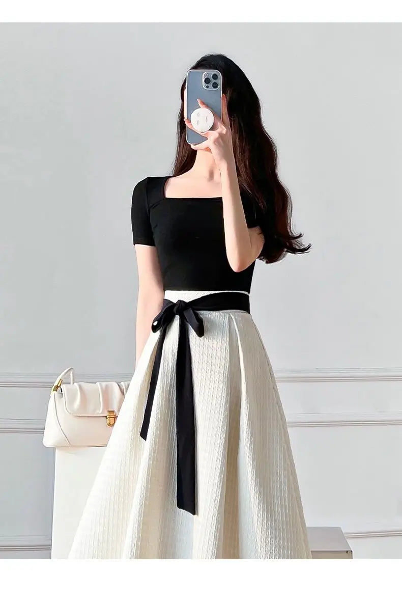 Womens T-shirt Dress Suit High Waist Elegant Fashion Pleated Skirts