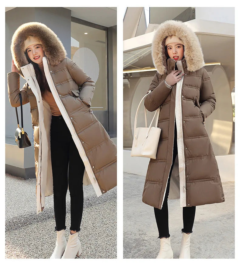 Womens Jacket Winter Women's Long Style Over Knee Big Wool Collar Cotton Jacket