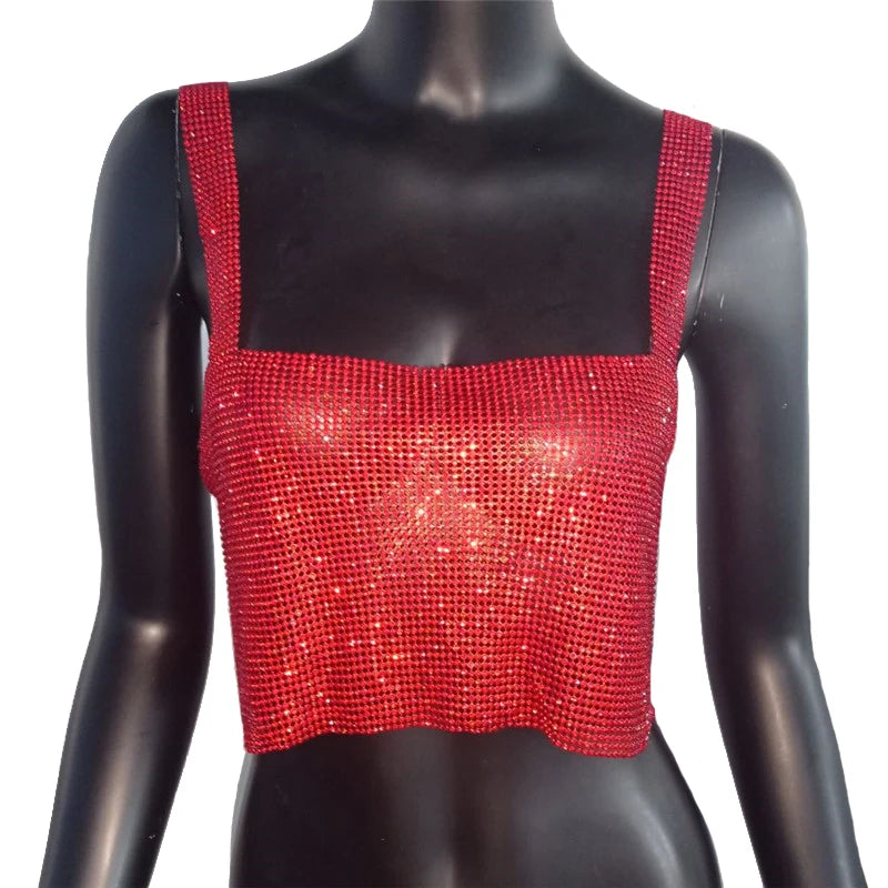 Women Sexy Metal Crystal Diamonds Sequined Night Club Party Wear Crop Top