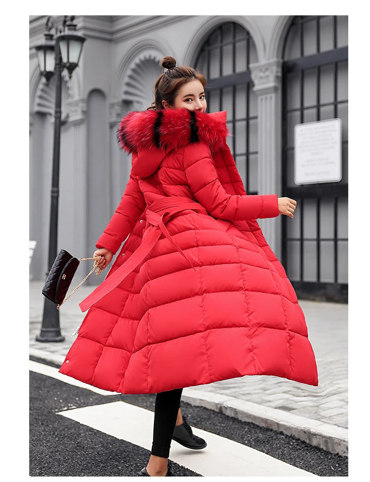 Women's warm fashion bow belt fox fur collar coat long dress women's thick coat