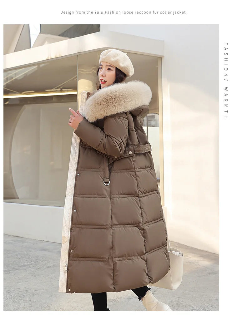Womens Jacket Winter Women's Long Style Over Knee Big Wool Collar Cotton Jacket