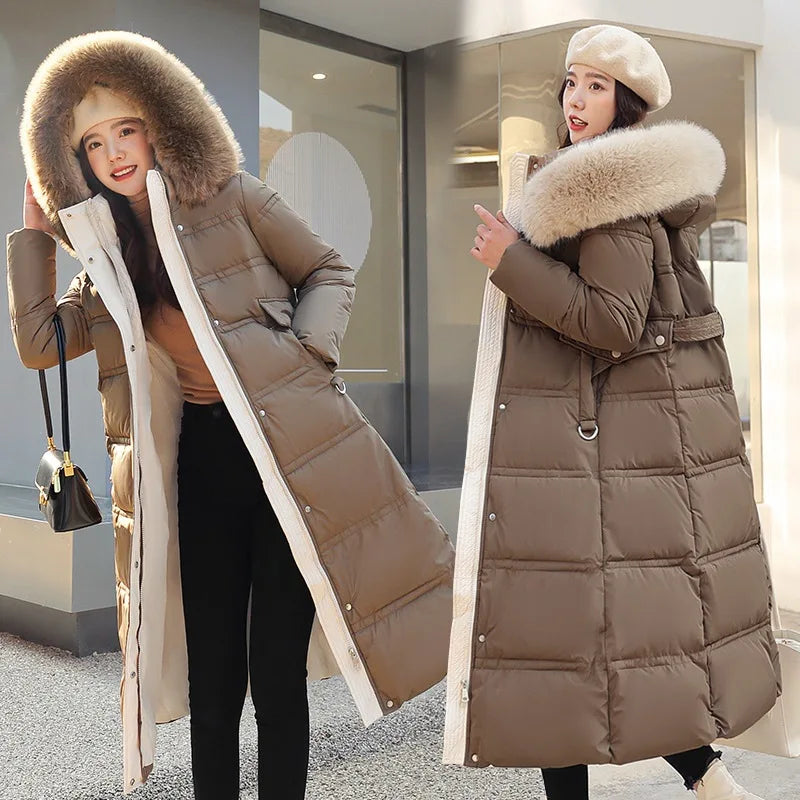 Womens Jacket Winter Women's Long Style Over Knee Big Wool Collar Cotton Jacket