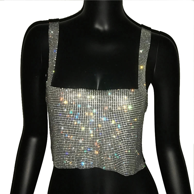 Women Sexy Metal Crystal Diamonds Sequined Night Club Party Wear Crop Top