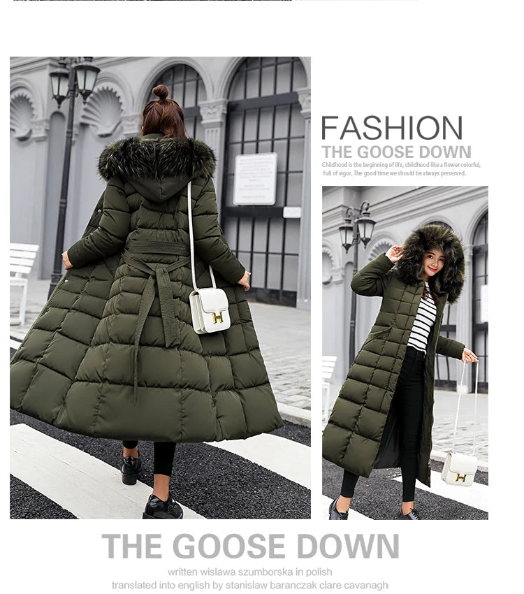 Women's warm fashion bow belt fox fur collar coat long dress women's thick coat