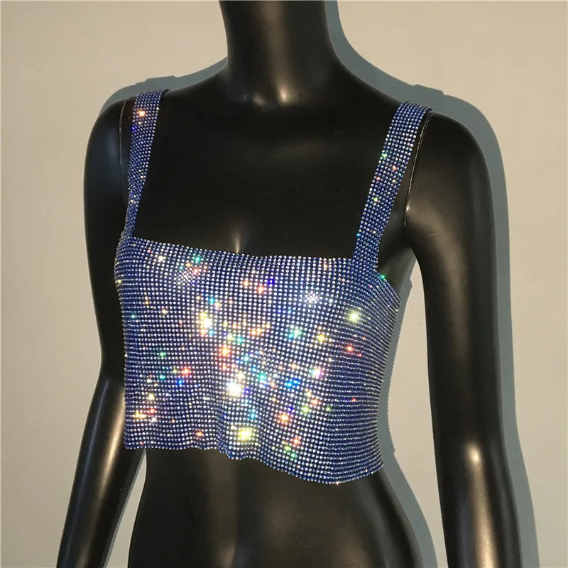 Women Sexy Metal Crystal Diamonds Sequined Night Club Party Wear Crop Top
