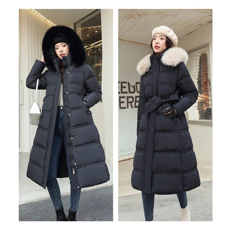 Womens Jacket Winter Women's Long Style Over Knee Big Wool Collar Cotton Jacket