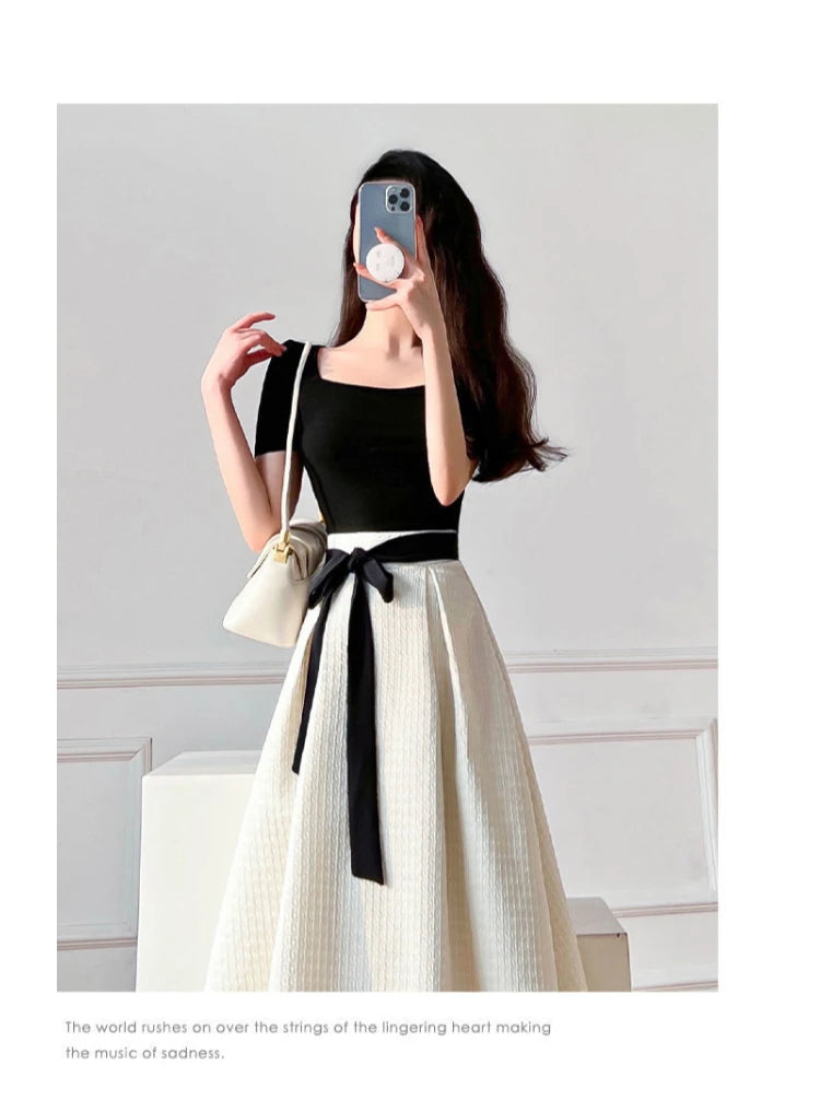 Womens T-shirt Dress Suit High Waist Elegant Fashion Pleated Skirts