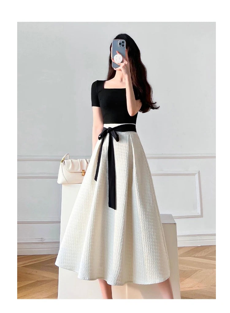 Womens T-shirt Dress Suit High Waist Elegant Fashion Pleated Skirts