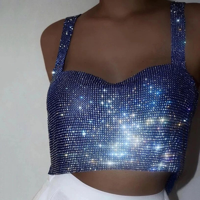 Women Sexy Metal Crystal Diamonds Sequined Night Club Party Wear Crop Top