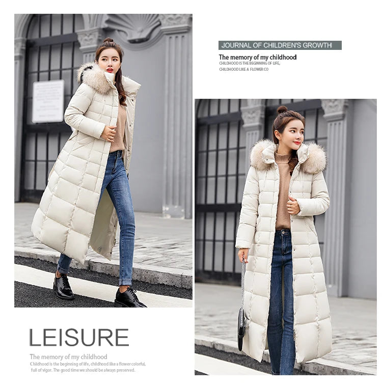 Women's warm fashion bow belt fox fur collar coat long dress women's thick coat