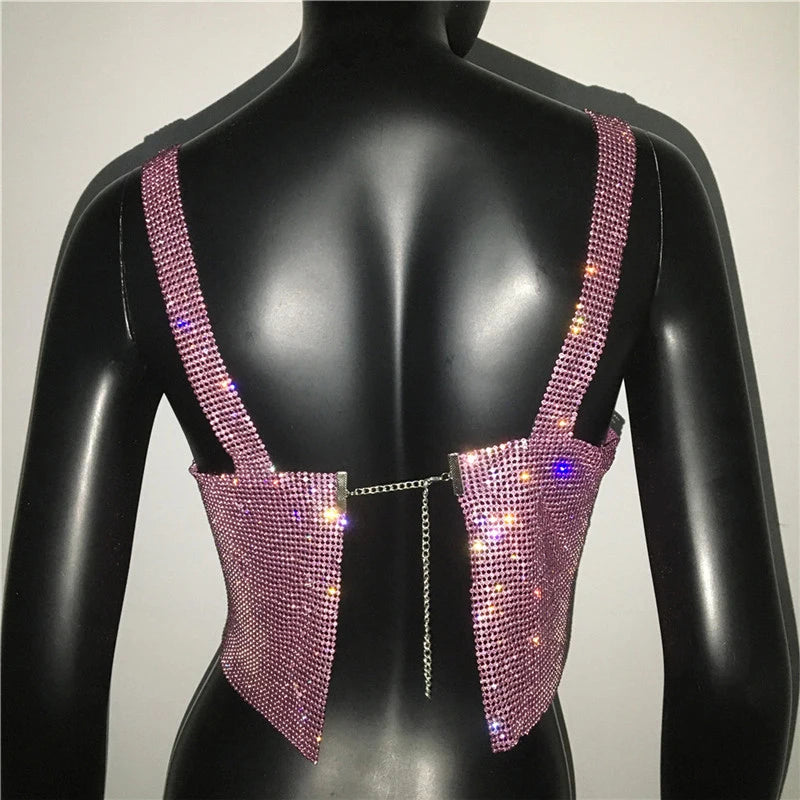 Women Sexy Metal Crystal Diamonds Sequined Night Club Party Wear Crop Top