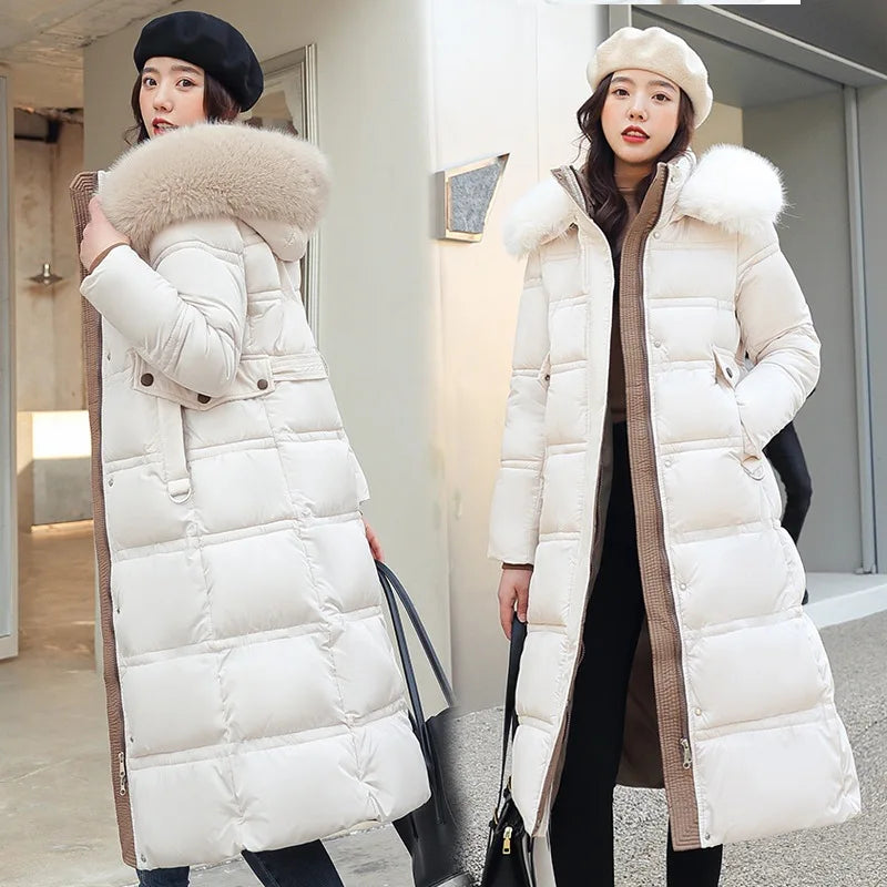 Womens Jacket Winter Women's Long Style Over Knee Big Wool Collar Cotton Jacket