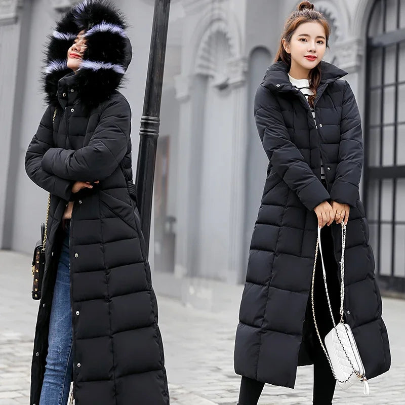 Women's warm fashion bow belt fox fur collar coat long dress women's thick coat