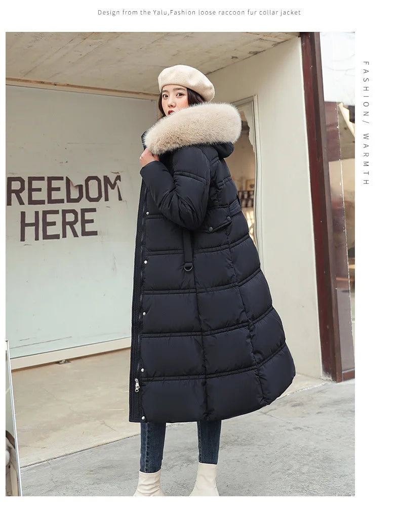 Womens Jacket Winter Women's Long Style Over Knee Big Wool Collar Cotton Jacket