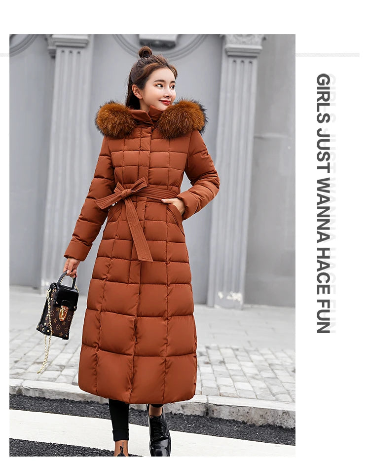 Women's warm fashion bow belt fox fur collar coat long dress women's thick coat