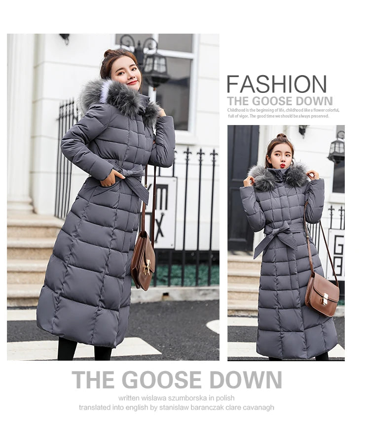 Women's warm fashion bow belt fox fur collar coat long dress women's thick coat