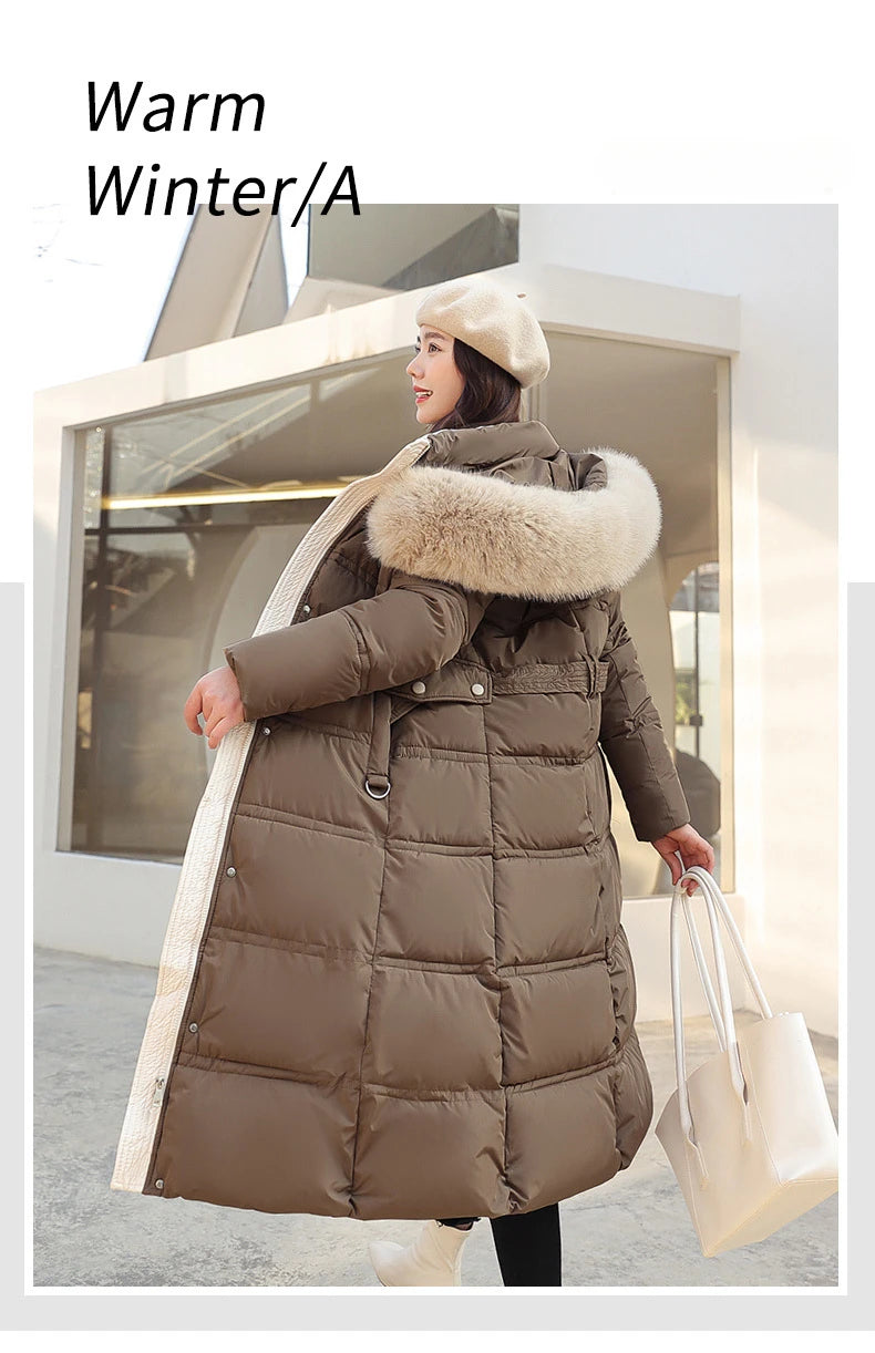 Womens Jacket Winter Women's Long Style Over Knee Big Wool Collar Cotton Jacket